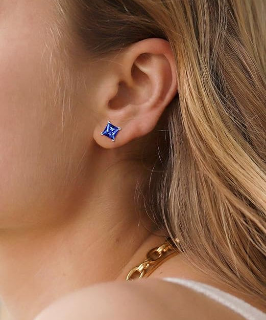 Minimalist Princess Cut Sapphire Stud Earrings | White Gold