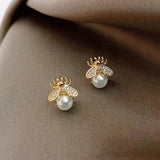 Honey Bee Pearl Stud Earrings â€“ Elegant Gold-Tone Jewelry for Women