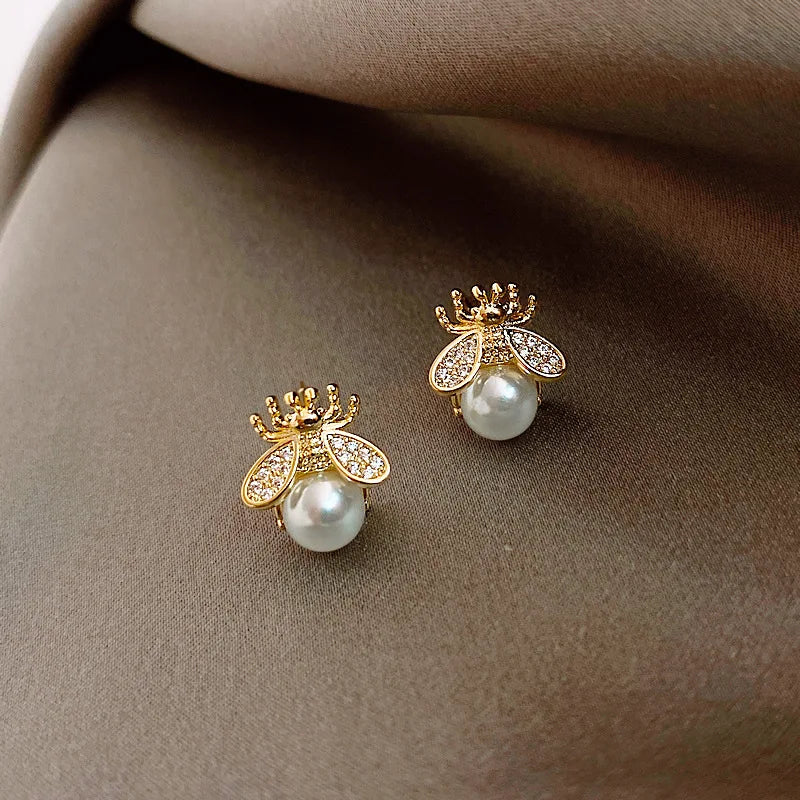 Honey Bee Pearl Stud Earrings â€“ Elegant Gold-Tone Jewelry for Women