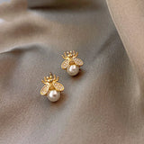 Honey Bee Pearl Stud Earrings â€“ Elegant Gold-Tone Jewelry for Women